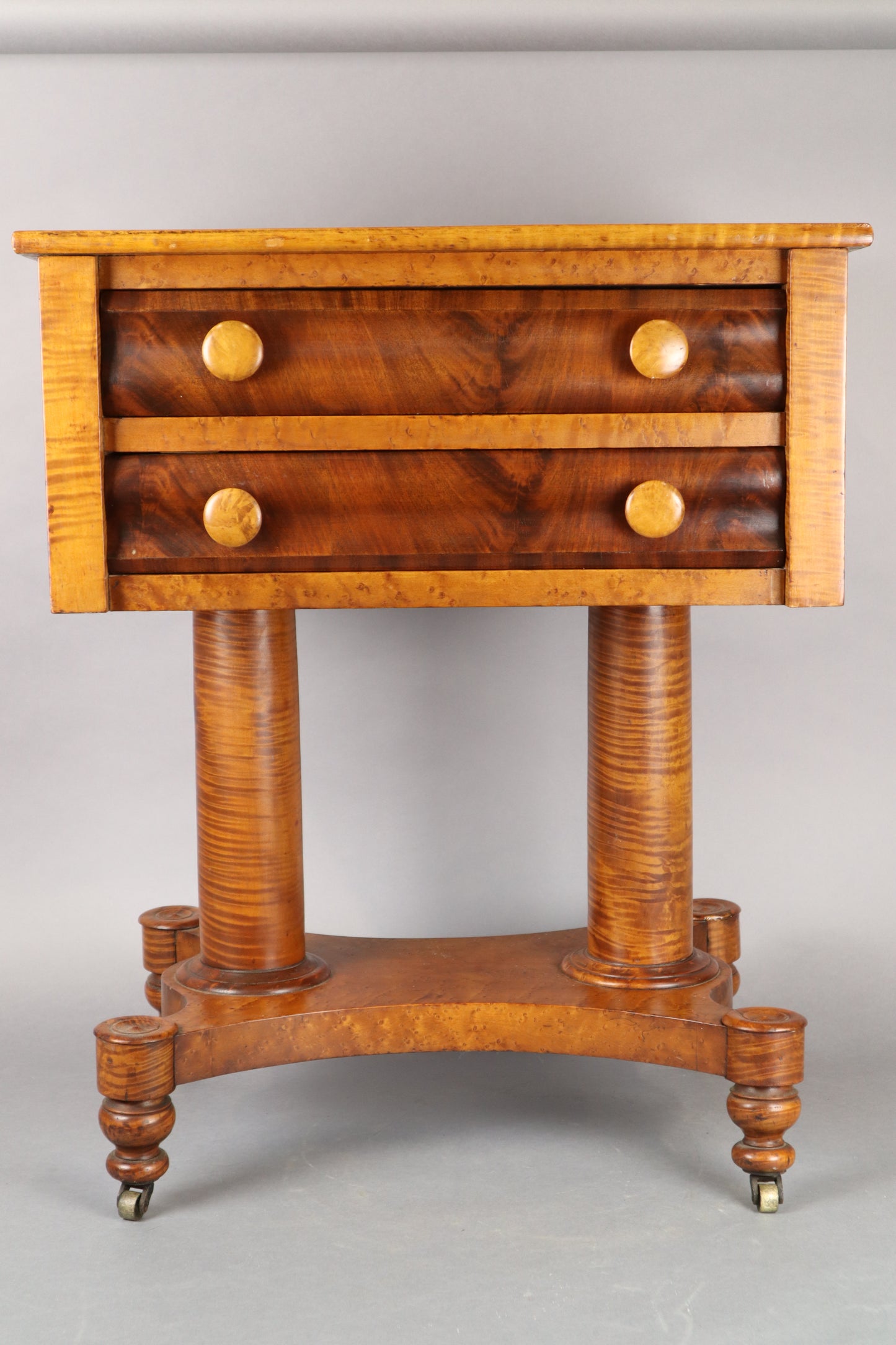 Hudson Valley Antique Work Table, Figural Maple And Flame Mahogany, 22 1/2" X 19" X 28"