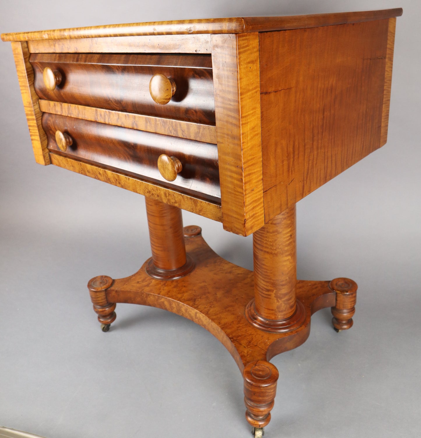 Hudson Valley Antique Work Table, Figural Maple And Flame Mahogany, 22 1/2" X 19" X 28"