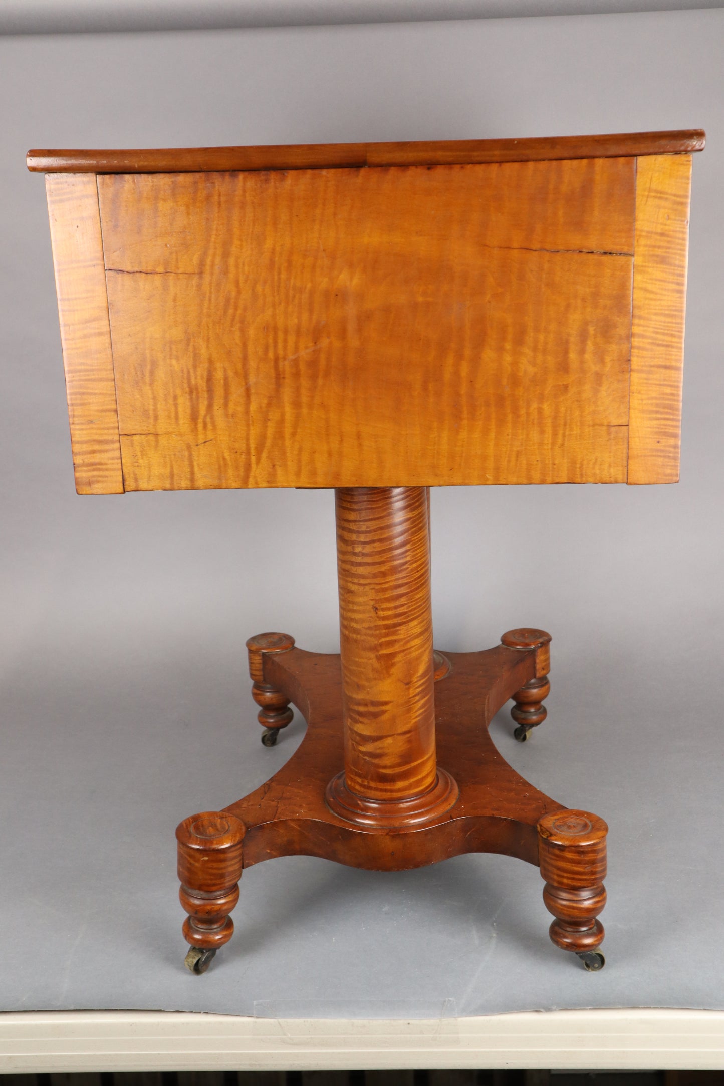 Hudson Valley Antique Work Table, Figural Maple And Flame Mahogany, 22 1/2" X 19" X 28"