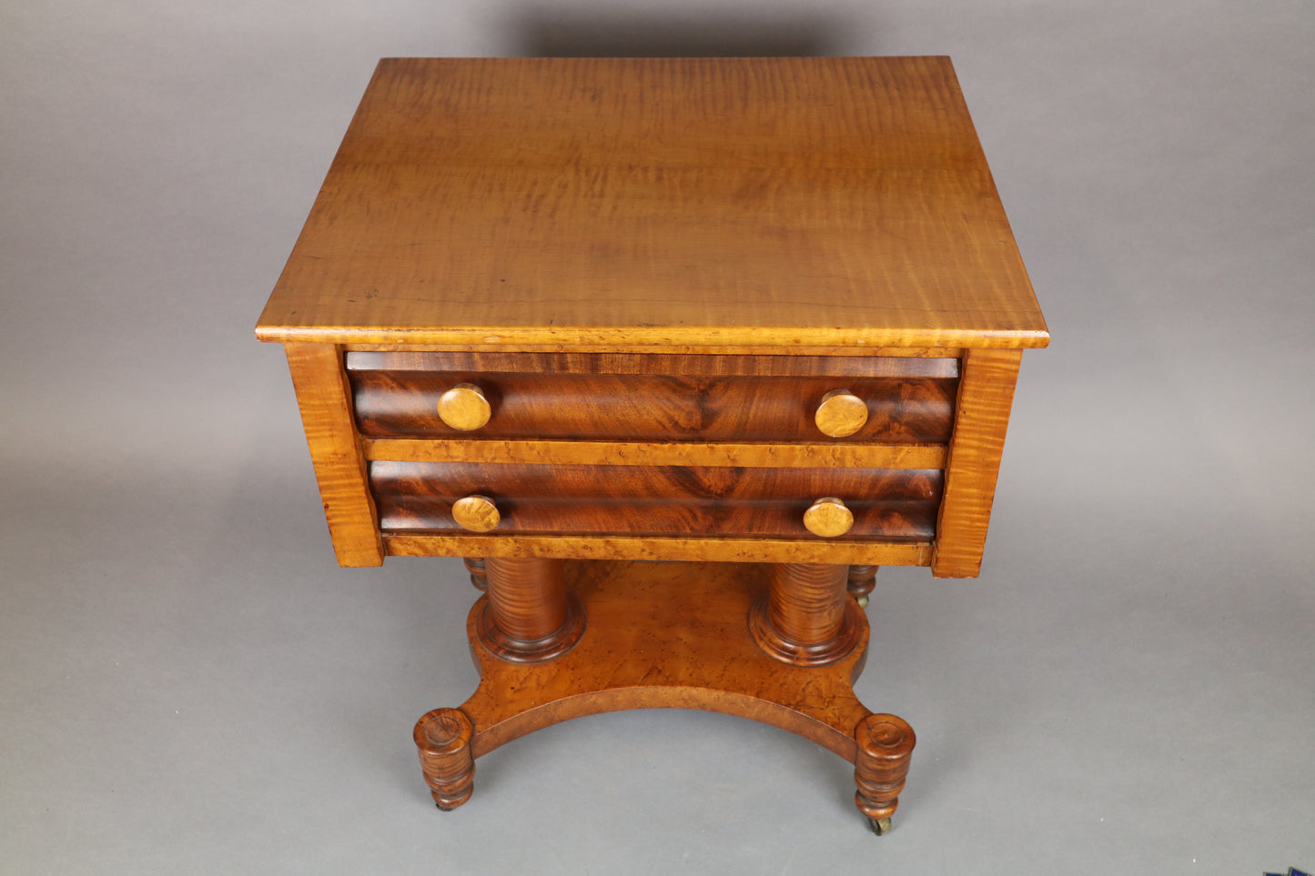 Hudson Valley Antique Work Table, Figural Maple And Flame Mahogany, 22 1/2" X 19" X 28"