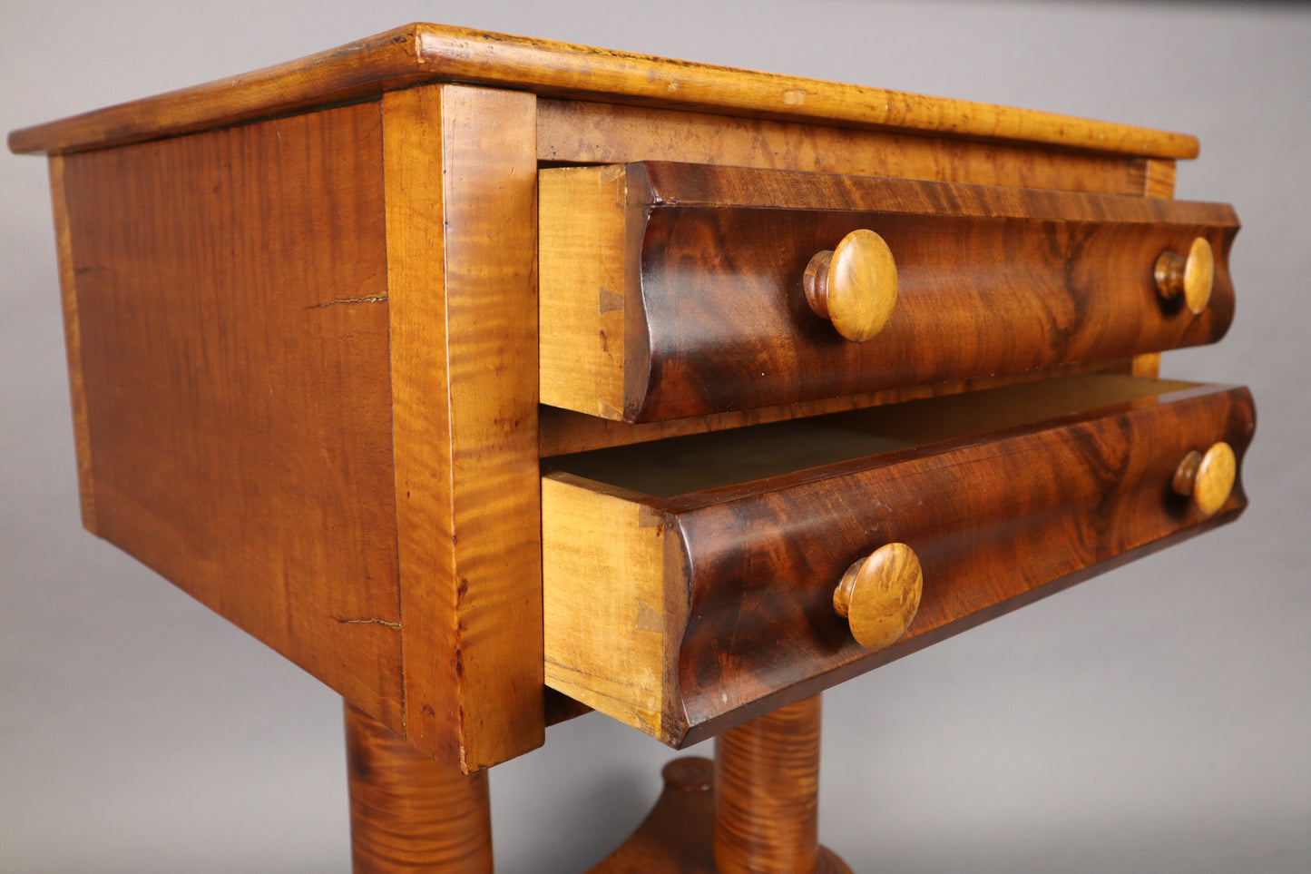 Hudson Valley Antique Work Table, Figural Maple And Flame Mahogany, 22 1/2" X 19" X 28"